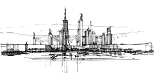 part of a sketch of Island City, Lagos, Nigeria, by James S. Rossant, Conklin + Rossant
